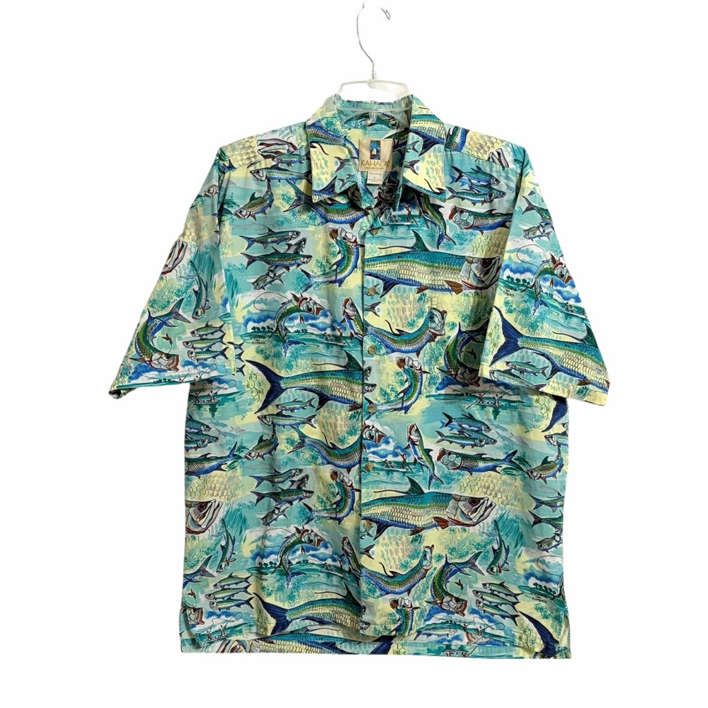 Kahala Mens Tarpon Fish Hawaiian Shirt L Multicolor Short Sleeve Button Up Aloha